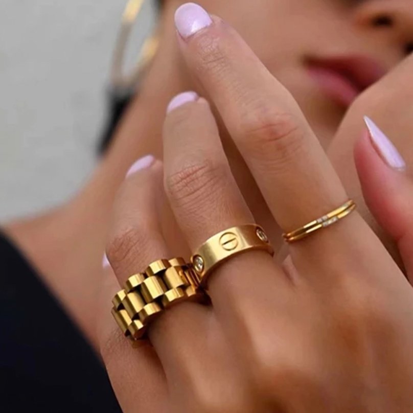 Anillo de belleza, eslabón ancho, estilo minimalista, chapado en oro de 18 quilates