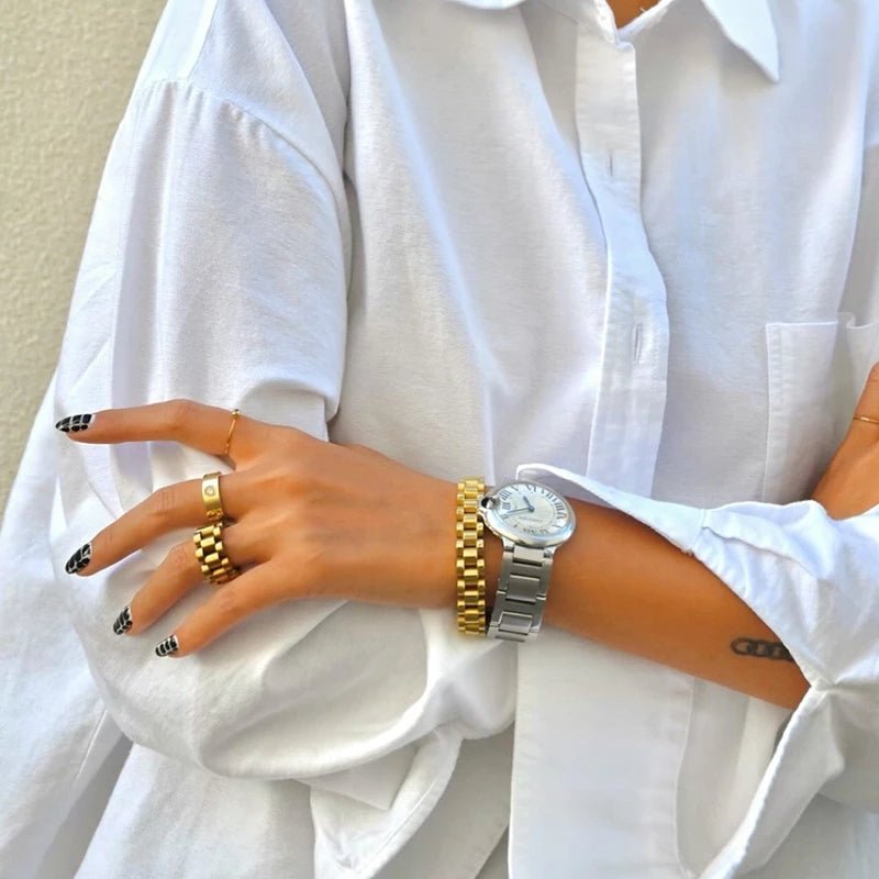 Anillo de belleza, eslabón ancho, estilo minimalista, chapado en oro de 18 quilates