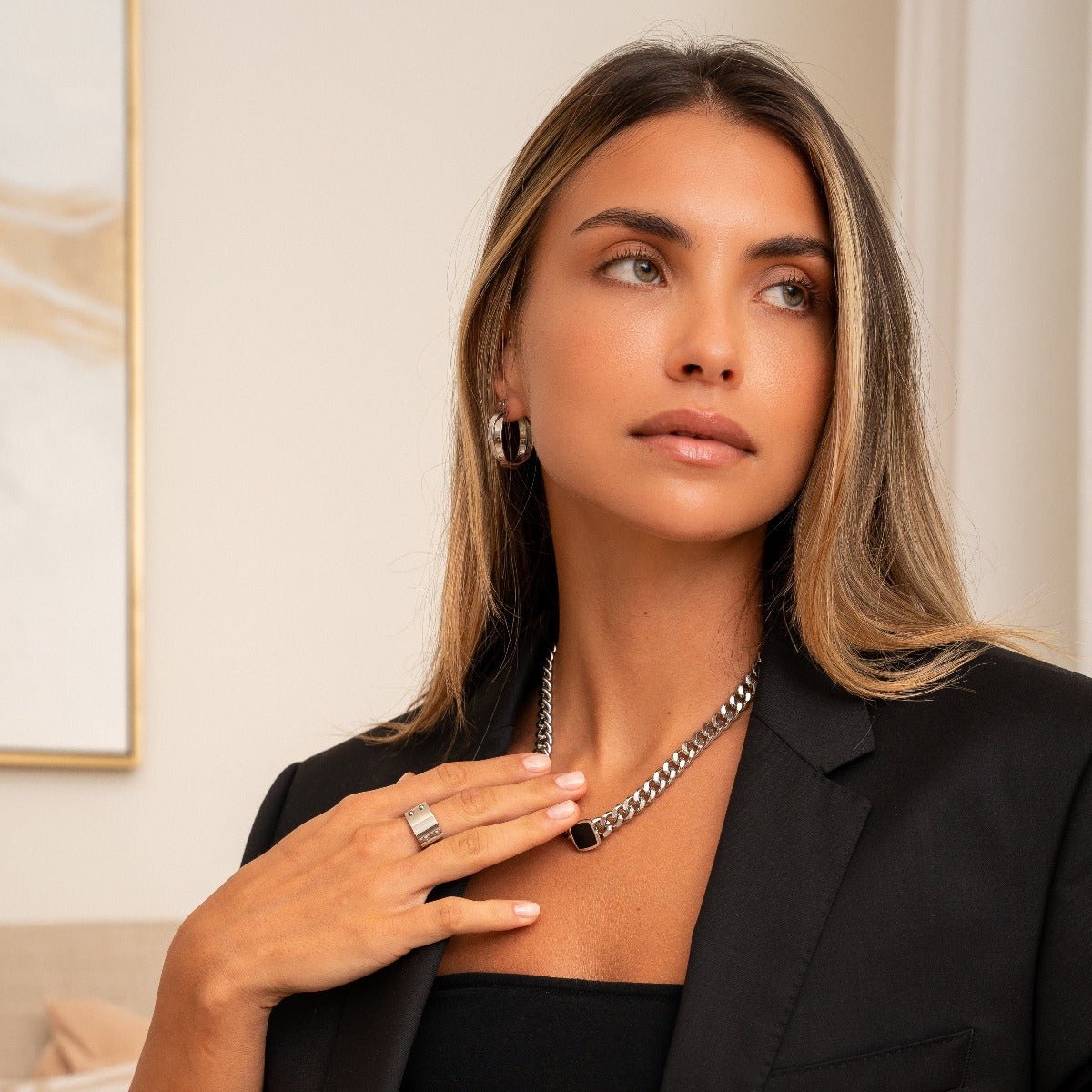 Collar de cadena con piedra de ónix cuadrada - Plata