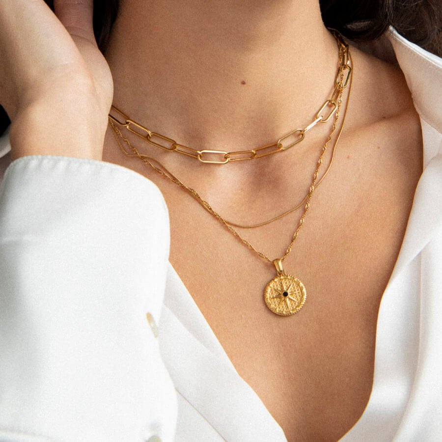 Collar de estrella con rosa de los vientos, chapado en oro de 18 k